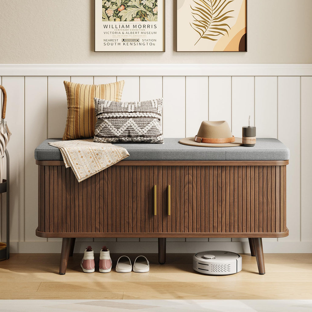 Decofy Shoe Storage Bench with Cushion and Sliding Doors, 47.2 Inch Shoe Bench with Storage, Freestanding Entryway Bench with Shoe Storage, with Solid Wood Legs, for Hallway & Entrance Hall, Walnut