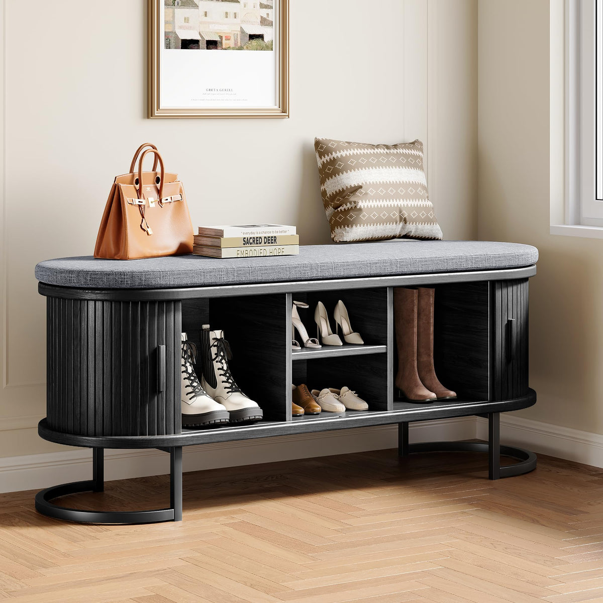 Decofy Shoe Storage Bench with Cushion and Sliding Doors, 47.2 Inch Shoe Bench with Storage, Freestanding Entryway Bench with Shoe Storage, with Solid Wood Legs, for Hallway & Entrance Hall, Walnut