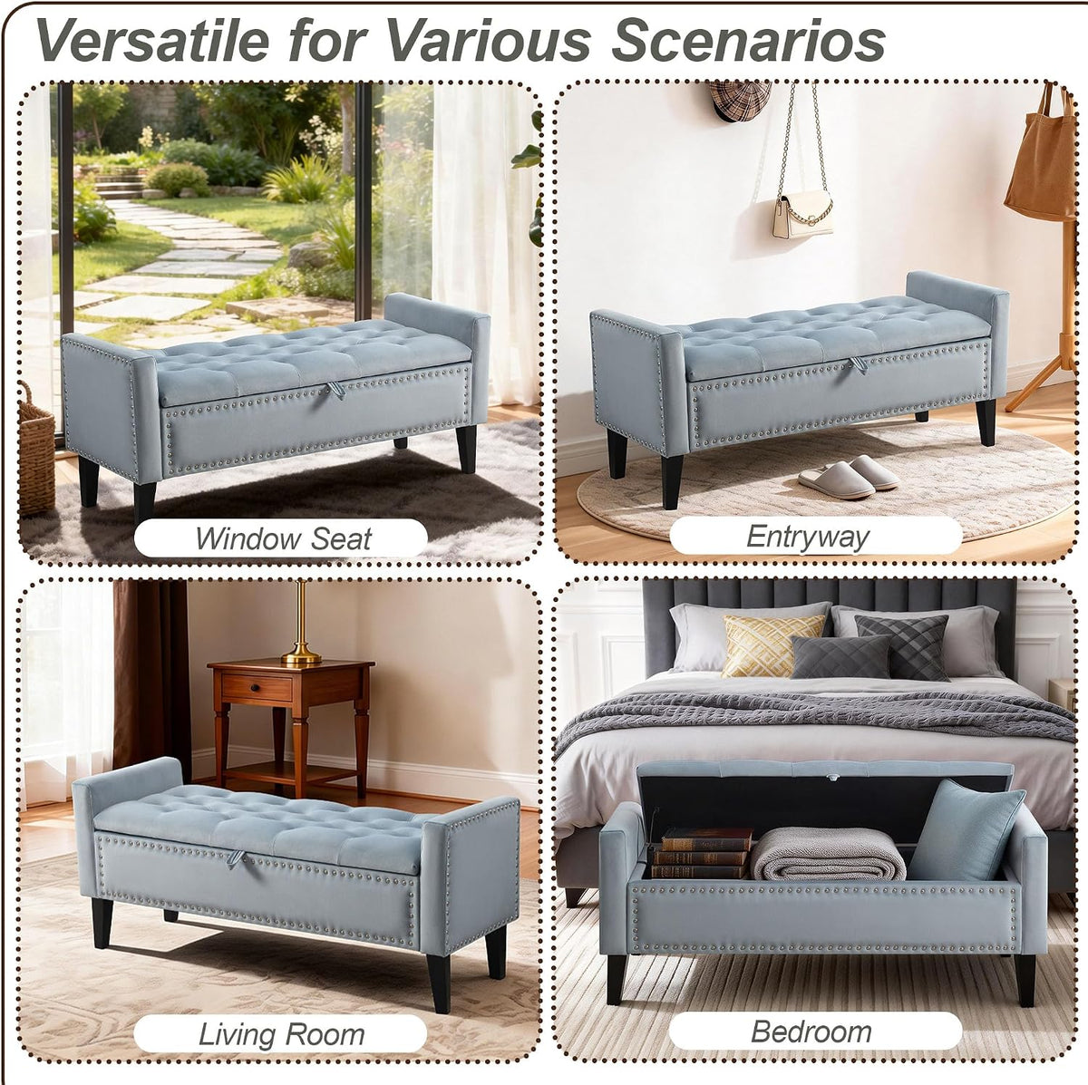 47in Velvet Storage Ottoman Bench with Arms, Upholstered Storage Bench with Wooden Legs, Storage Bench for Bedroom, Living Room, Entryway, Blue Grey