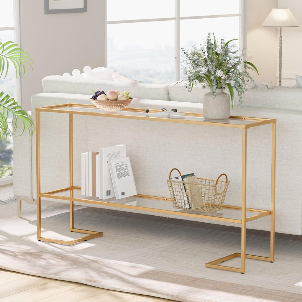 Cozy Castle 52" Entryway Table, 2-Tier Narrow Console Table with Tempered Glass & Sturdy Metal Frame, Modern Sofa Table with Storage Shelves for Entryway, Hallway, Foyer, Living Room, Gold