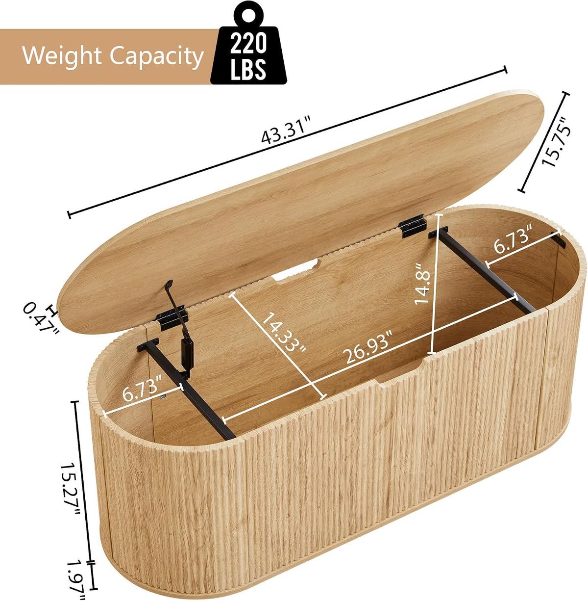 Fluted Storage Bench with 4 Wheels, 43.3” Oval Storage Chest with Safety Hinges, Modern Wooden End of Bed Bench, Large Storage Trunk Toy Chest with Lift Top for Entryway Bedroom Living Room, Natural