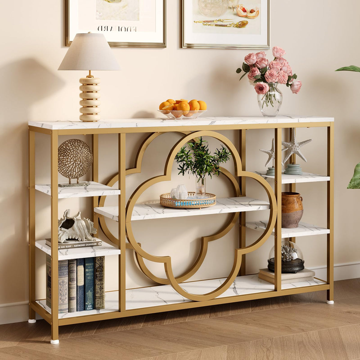 GiftGo 47" Farmhouse Console Tables for Entryway Retro Sofa Table Behind Couch Open Display Storage Shelves for Foyer, Hallway, Front Door,Living Room,Elegant Four-Leaf Clover (Rustic Brown, 47")