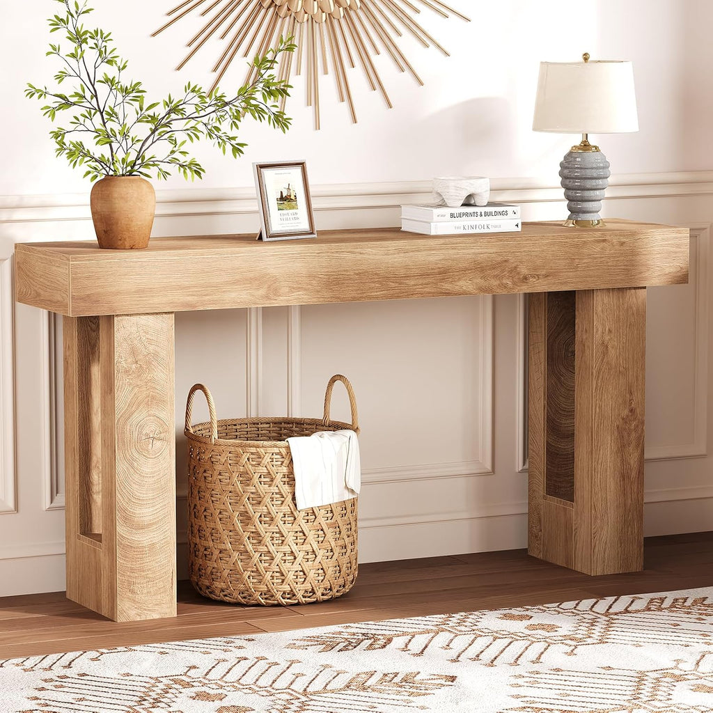 PlayfulPals 63 Inch Farmhouse Console Table, Wooden Rectangular Sofa Behind Couch, Long Entryway Table for Hallway Living Room, Natural
