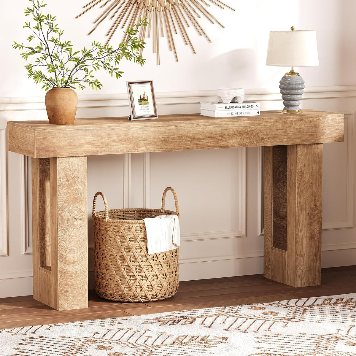 PlayfulPals 63 Inch Farmhouse Console Table, Wooden Rectangular Sofa Behind Couch, Long Entryway Table for Hallway Living Room, Natural