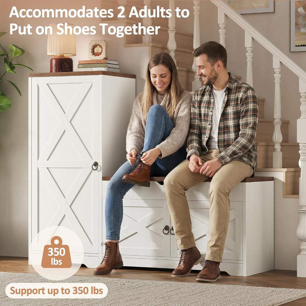 47'' Shoe Cabinet with Bench Seat, 7-Tier Shoe Storage Bench for Entryway with Adjustable Shelves, 0.7'' Top Panel and Hidden Lift Top Storage for Hallway Entrance, White
