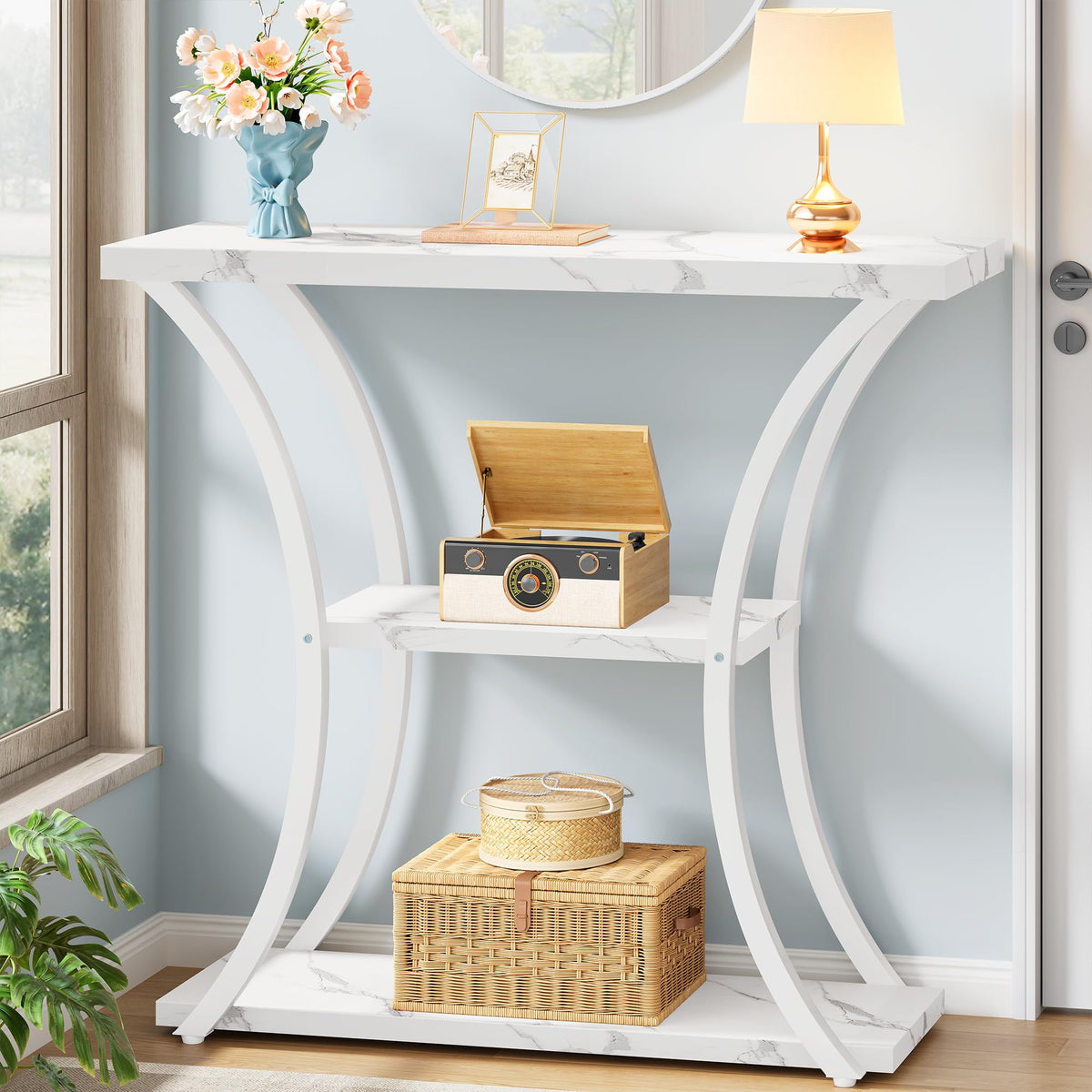 Hoctieon 3 Tier Console Table with Open Wood Shelves, Decorative Entryway Table with Curved Metal Frames, Narrow Sofa Table for Entrance, Living Room, Hallway, Rustic Brown+Black
