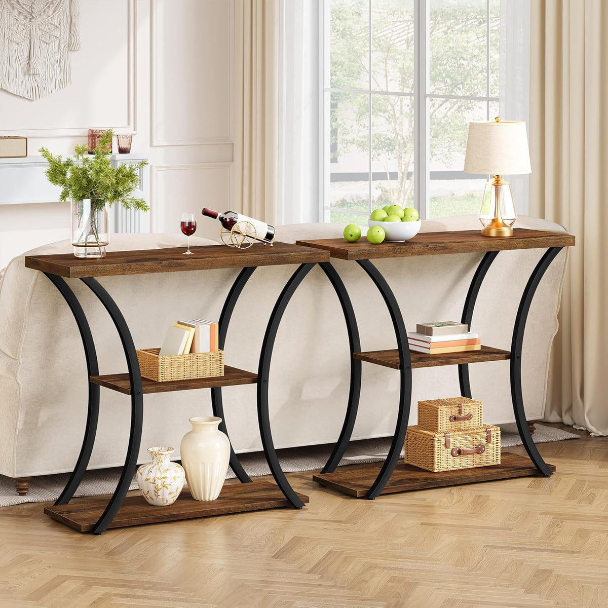 Hoctieon 3 Tier Console Table with Open Wood Shelves, Decorative Entryway Table with Curved Metal Frames, Narrow Sofa Table for Entrance, Living Room, Hallway, Rustic Brown+Black