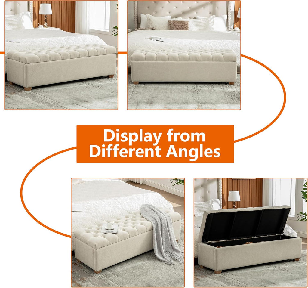 60.24" Bedside Ottoman Bench with Storage,Button Tufted Storage Benches for Bed End,Chenille Bench with Seating and Storage for Entryway,Bedroom,Living Room,Window (Beige, 60.24)