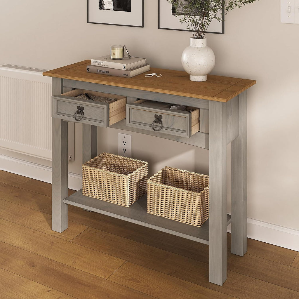 Furniture Dash Solid Wood Hall Table Console 34.49" W, 12.64" D, 28.82" H - Farmhouse Entryway Table with 2 Drawers, Office Hallway Foyer, Wooden Storage, Cupboard Console Table