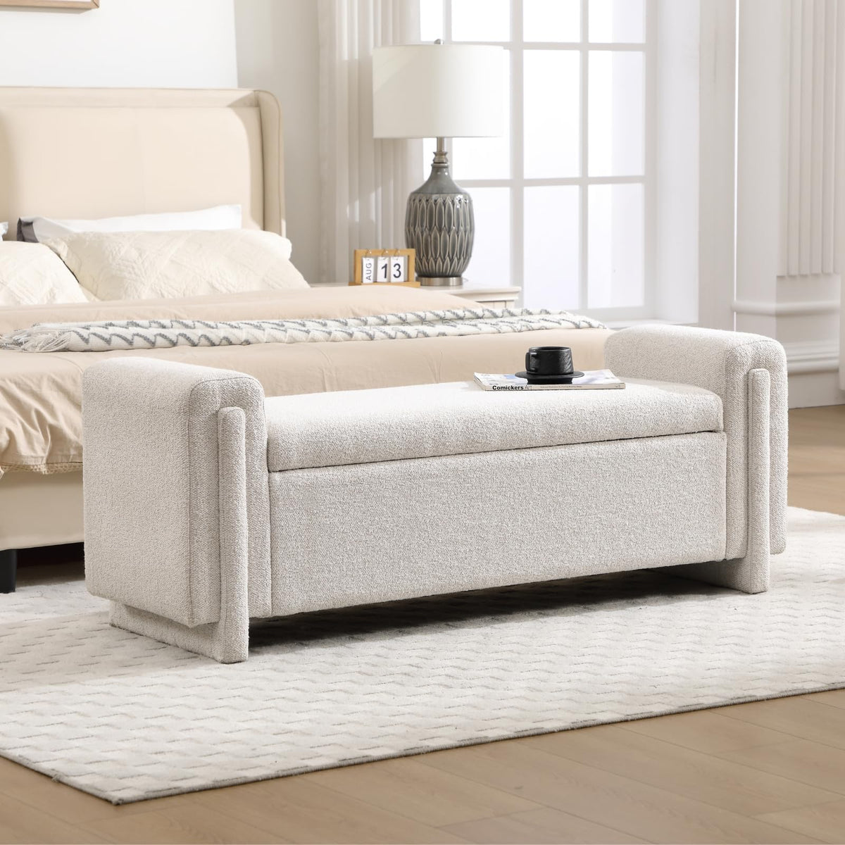 CIMOTA Modern Storage Ottoman Bench, 58” Large Upholstered Storage Bench with Armrests, Boucle Fabric Bedroom End of Bed Bench-Comfy Padded Footstool for Living Room, Entryway, White