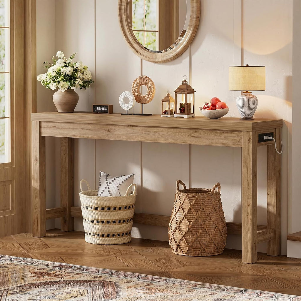 Cyclysio 63" Console Table with 2 AC Outlets & 3 USB Ports, Natural Oak