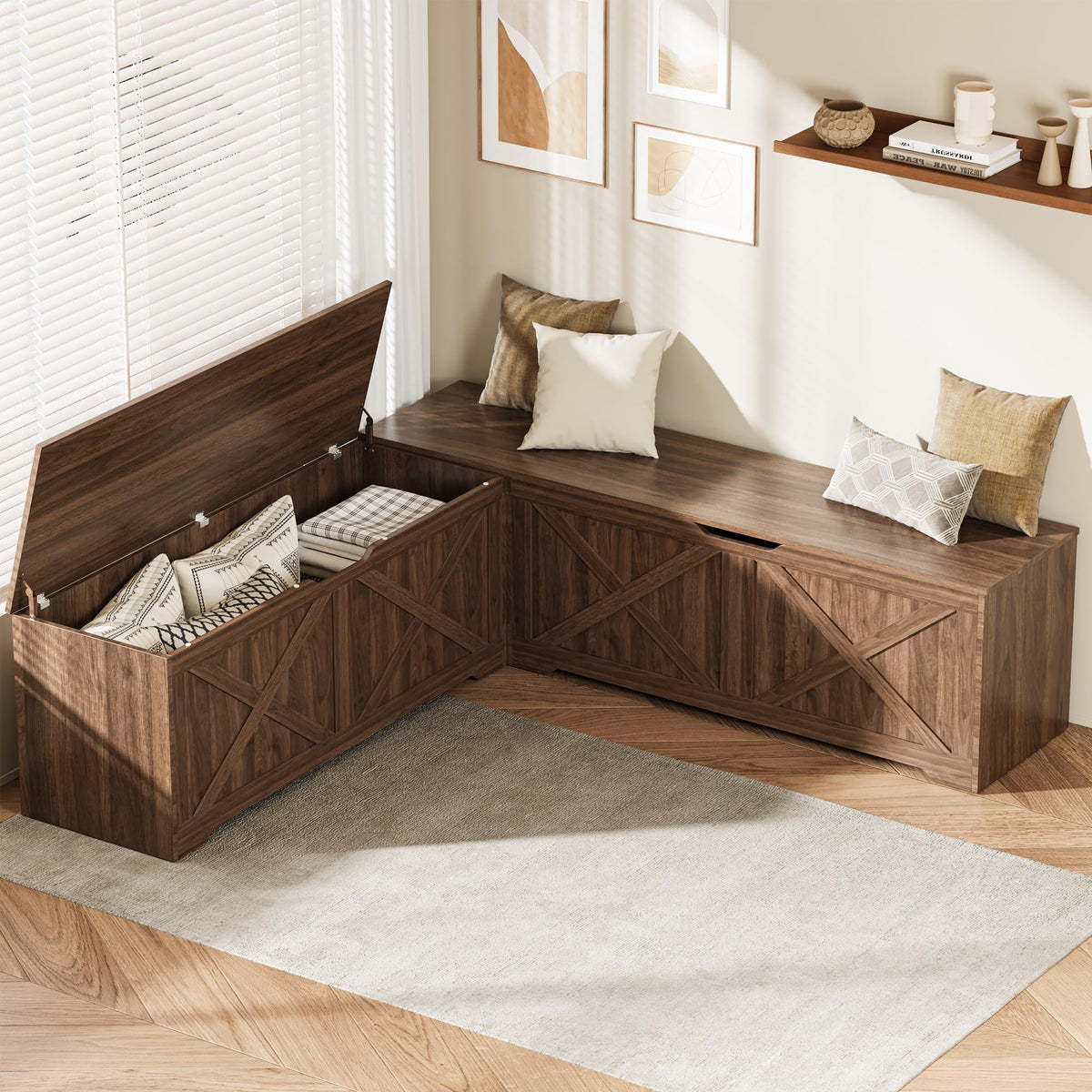 L Shaped Storage Bench, 63" Corner Bench with Storage, Breakfast Nook Bench with 3 Hidden Flip-Top Compartments, Backless Dining Bench for Kitchen, Entryway, Dining Room, Walnut White