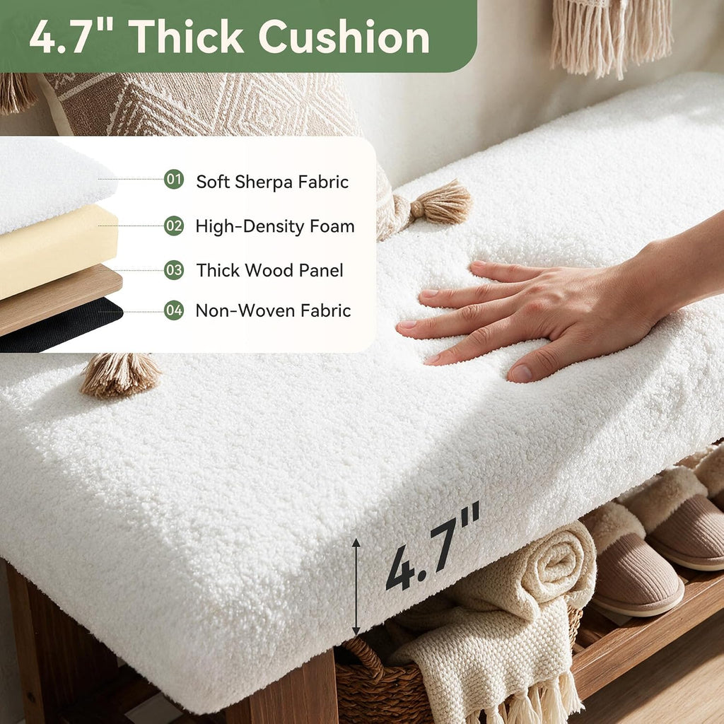 42.5" Solid Wood Storage Bench, 2-Tier Entryway Bench