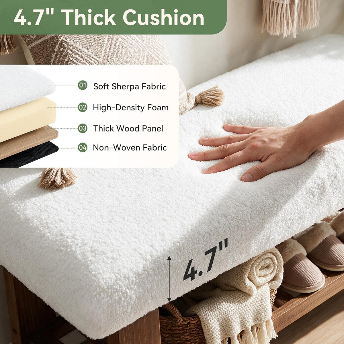 42.5" Solid Wood Storage Bench, 2-Tier Entryway Bench