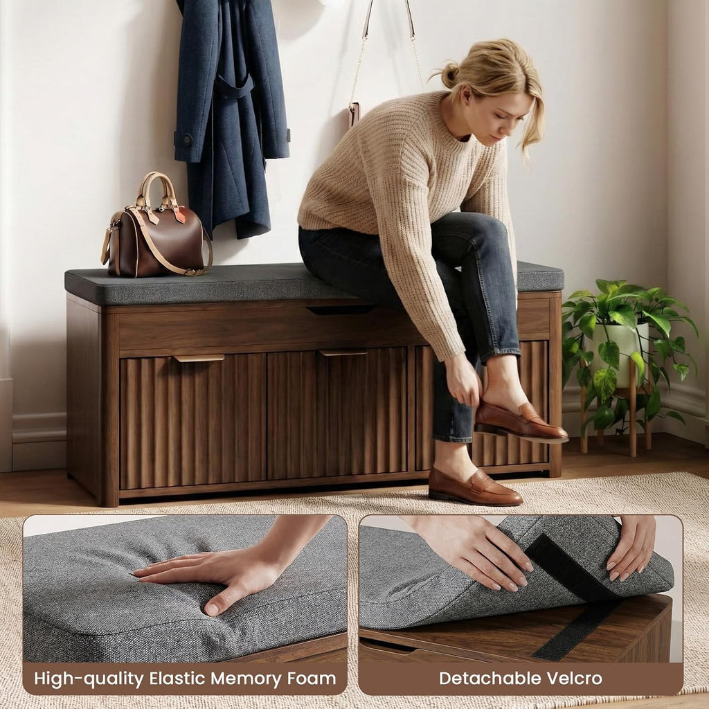 37.4" W Shoe Bench with Storage, Lift Top Entryway Bench, Walnut