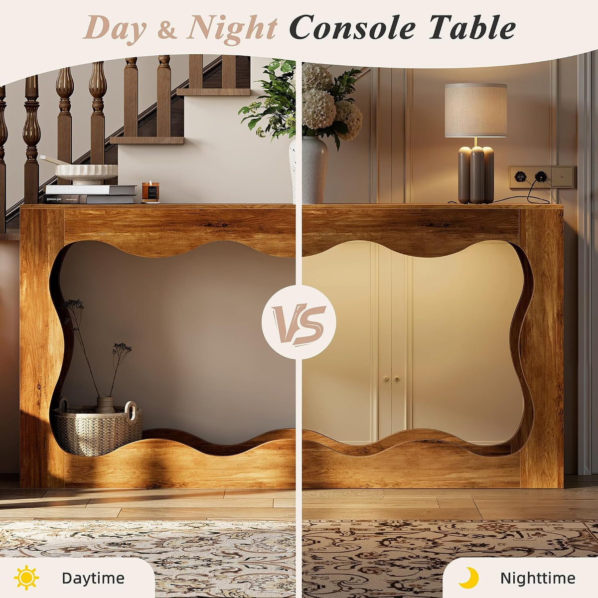 Shintenchi 63" Farmhouse Console Table with Storage & LED Light, Brown