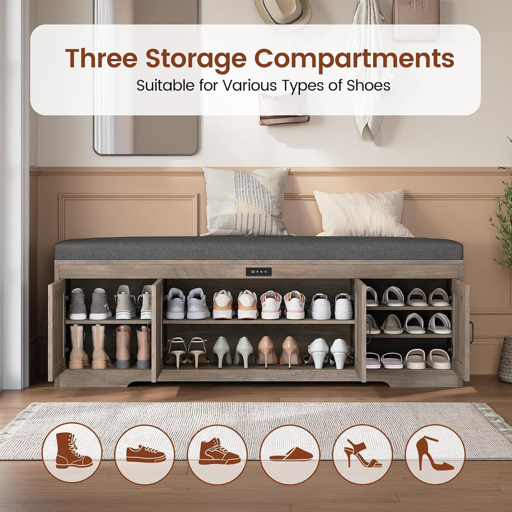 UPOSOJA 60“ Farmhouse Shoe Storage Bench with Deodorizing, Entryway Storage Bench with Cushion Seat, 4 Doors Freestanding Hidden Shoe Rack, Adjustable Shelf, for Bedroom, Living Room (Gray Wash, 60IN)