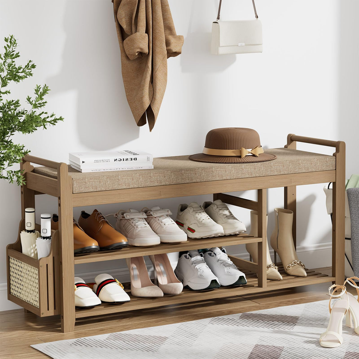 Homaxy 2-Tier Shoe Rack Bench, 28.2 in, Walnut and Light Brown