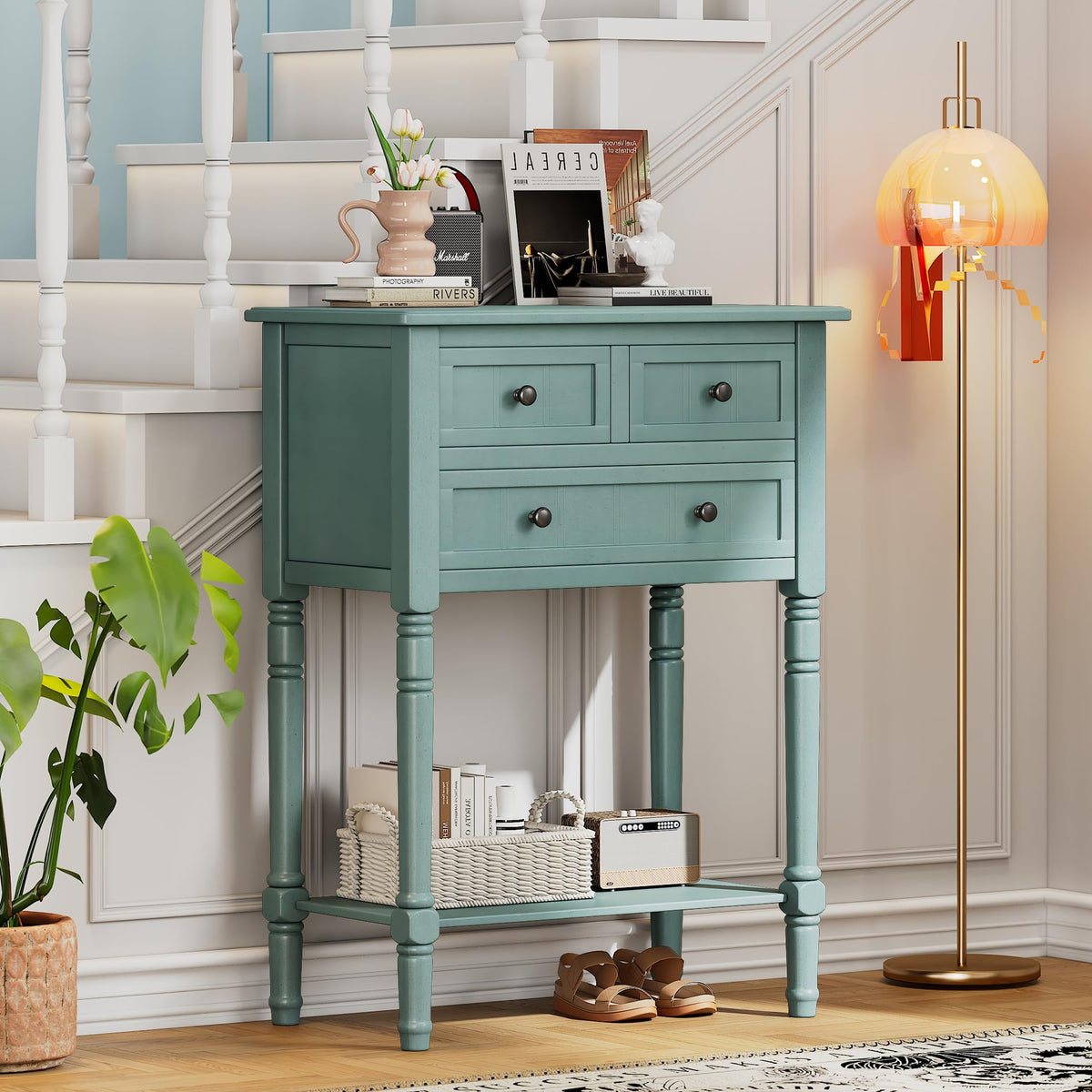 Knocbel Slim Antique Entry Console Table with 3 Drawers & Bottom Open Shelf, Solid Wood Narrow Sofa Couch Table for Entryway Hallway Living Room 23.7" W x 13" D x 31.4" H Natural