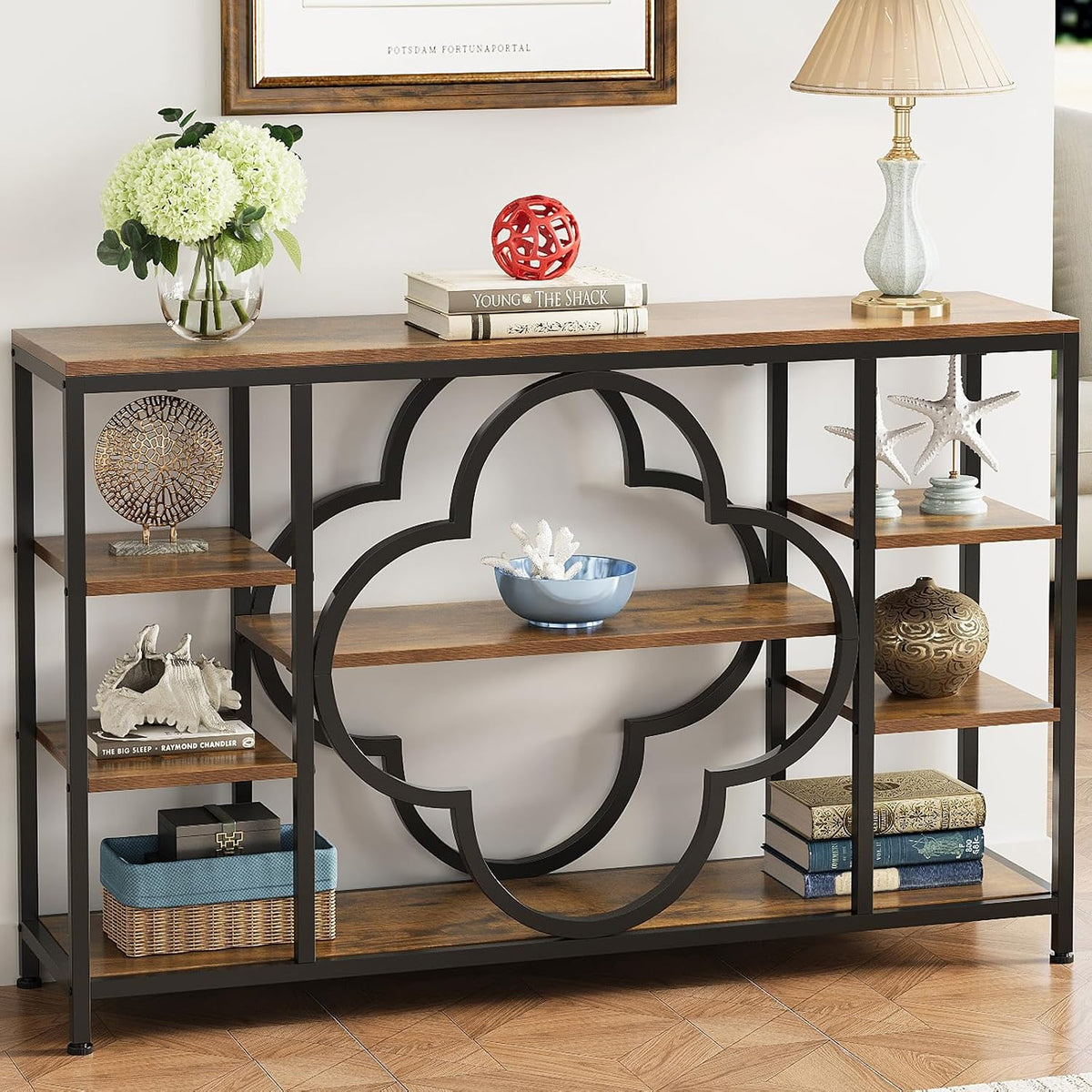 GiftGo 47" Farmhouse Console Tables for Entryway Retro Sofa Table Behind Couch Open Display Storage Shelves for Foyer, Hallway, Front Door,Living Room,Elegant Four-Leaf Clover (Rustic Brown, 47")
