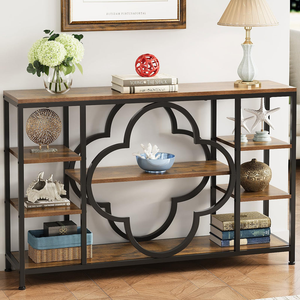 GiftGo 47" Farmhouse Console Tables for Entryway Retro Sofa Table Behind Couch Open Display Storage Shelves for Foyer, Hallway, Front Door,Living Room,Elegant Four-Leaf Clover (Rustic Brown, 47")