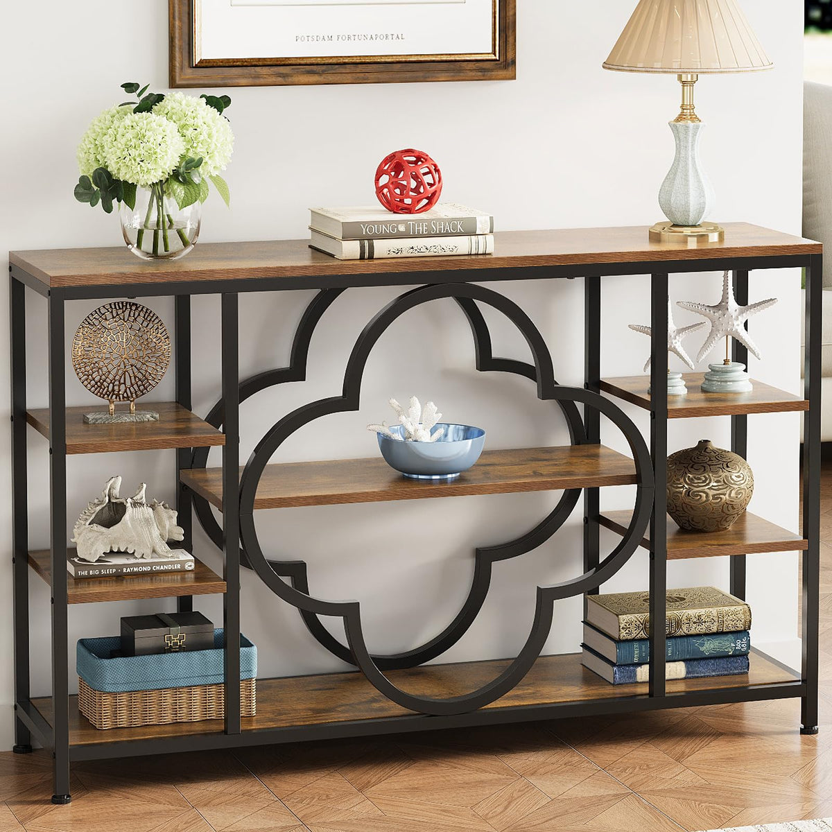 GiftGo 47" Farmhouse Console Tables for Entryway Retro Sofa Table Behind Couch Open Display Storage Shelves for Foyer, Hallway, Front Door,Living Room,Elegant Four-Leaf Clover (Rustic Brown, 47")