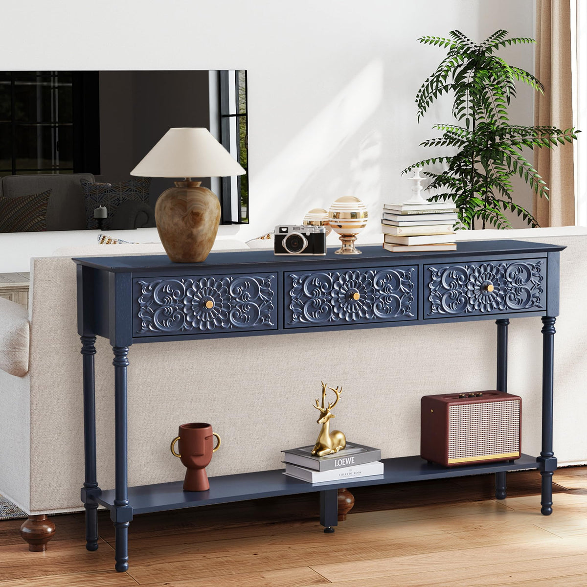 weselon 55.5" Carved Console Table with 3 Drawers, 2-Tier Sofa Table with Glossy Floral Surface and Solid Wood Legs, Mid-Century Modern Entryway Table for Living Room Hallway (Walnut)