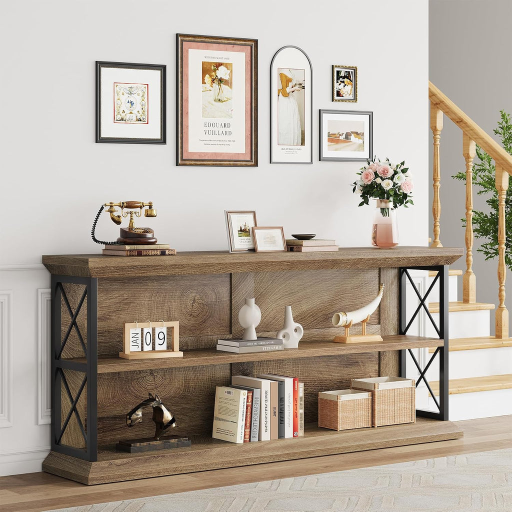 63" Entryway Console Table with 3-Tier Storage Shelf, Behind Couch