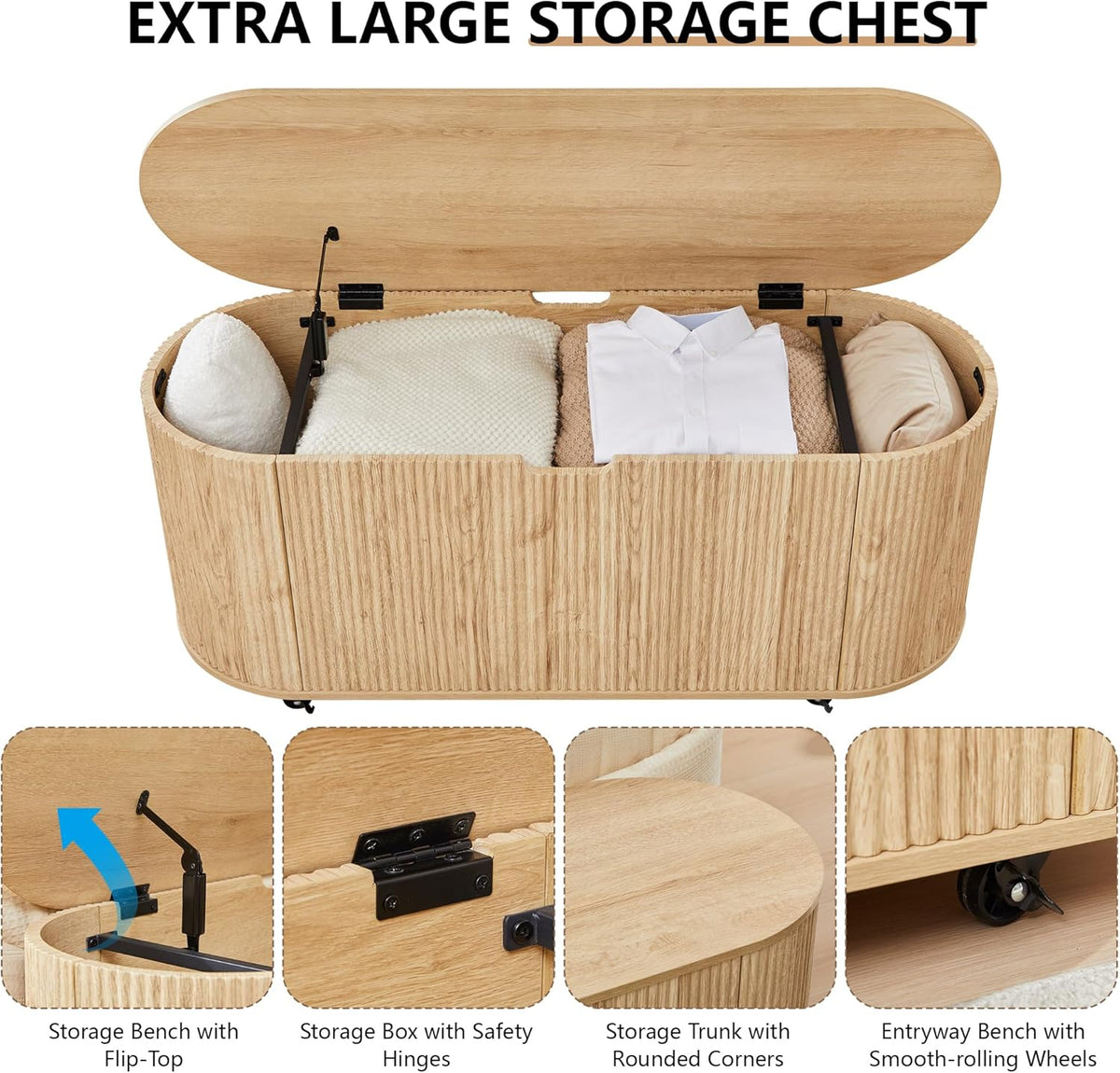 Fluted Storage Bench with 4 Wheels, 43.3” Oval Storage Chest with Safety Hinges, Modern Wooden End of Bed Bench, Large Storage Trunk Toy Chest with Lift Top for Entryway Bedroom Living Room, Natural
