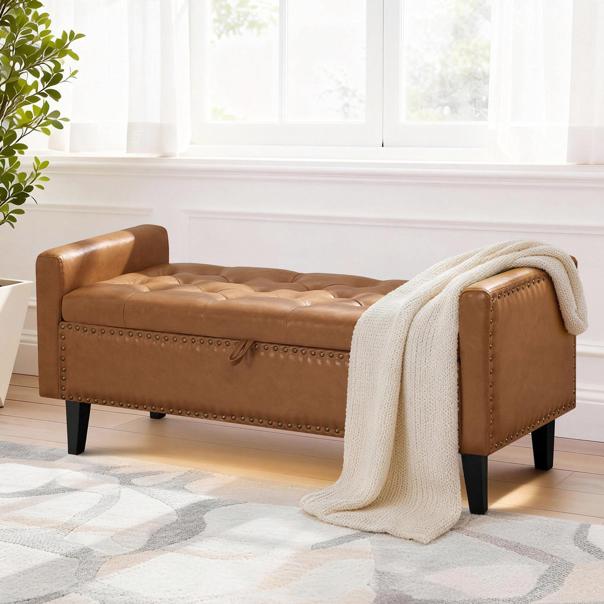 47in Velvet Storage Ottoman Bench with Arms, Upholstered Storage Bench with Wooden Legs, Storage Bench for Bedroom, Living Room, Entryway, Blue Grey