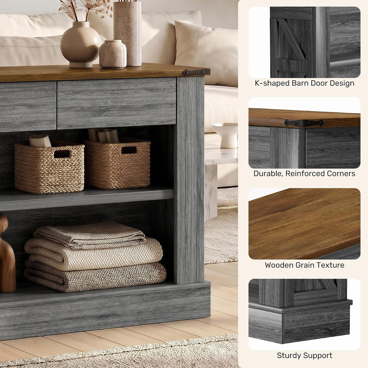 Miereirl 63" Console Table with Drawers & LED Light, Brown & Dark Grey