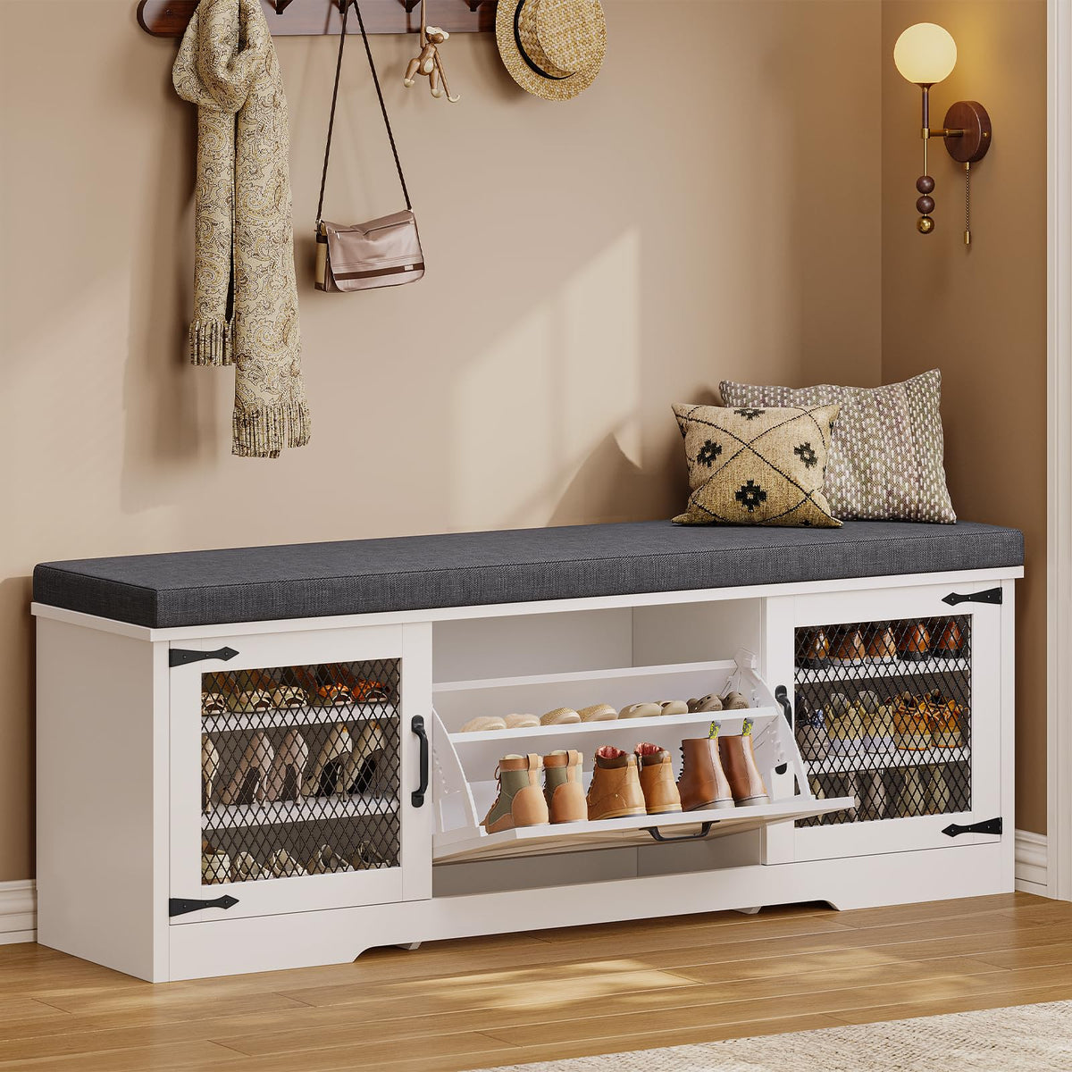 UPOSOJA 60“ Farmhouse Shoe Storage Bench with Deodorizing, Entryway Storage Bench with Cushion Seat, 4 Doors Freestanding Hidden Shoe Rack, Adjustable Shelf, for Bedroom, Living Room (Gray Wash, 60IN)