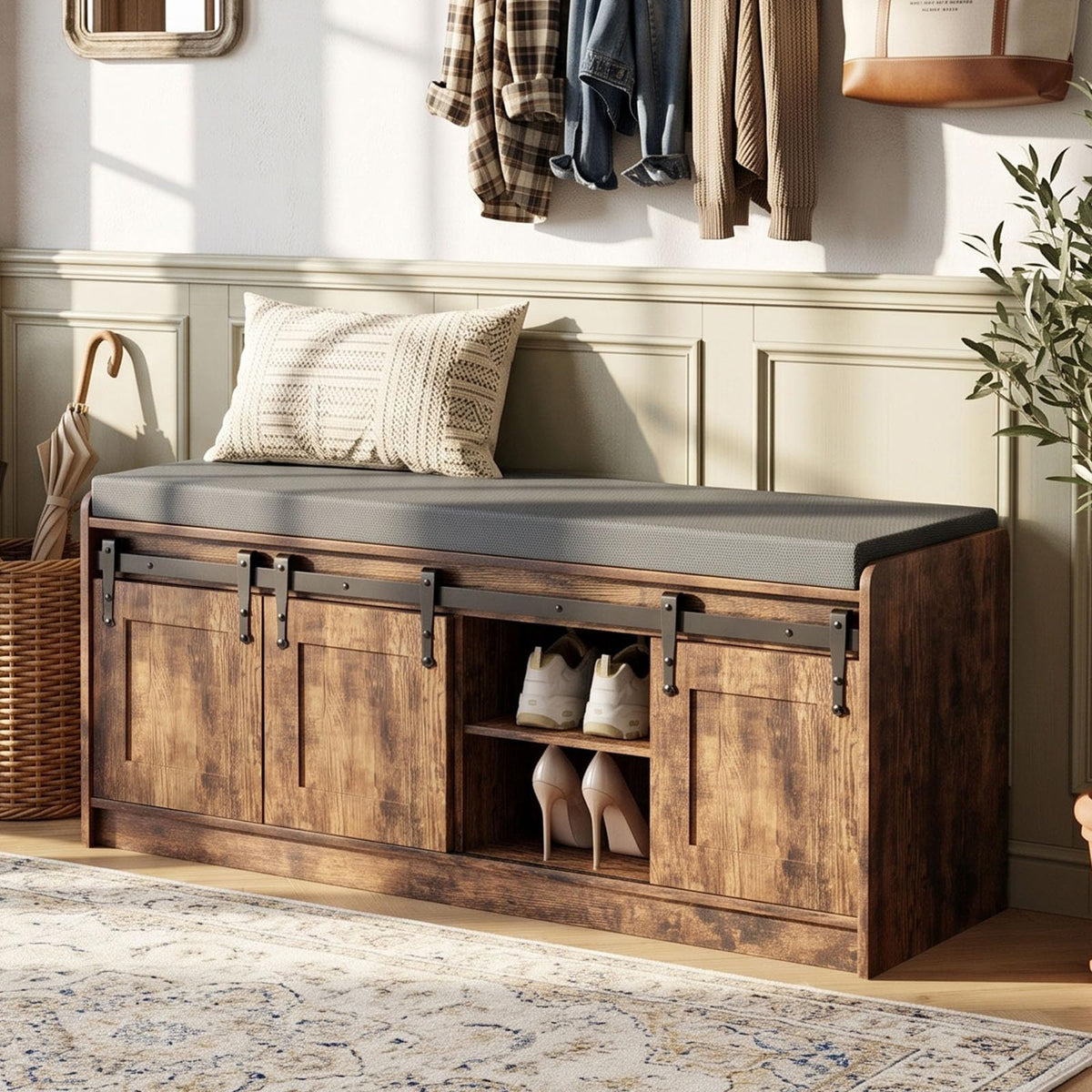 42" Farmhouse Shoe Storage Bench with Seating Cushion,for Entryway
