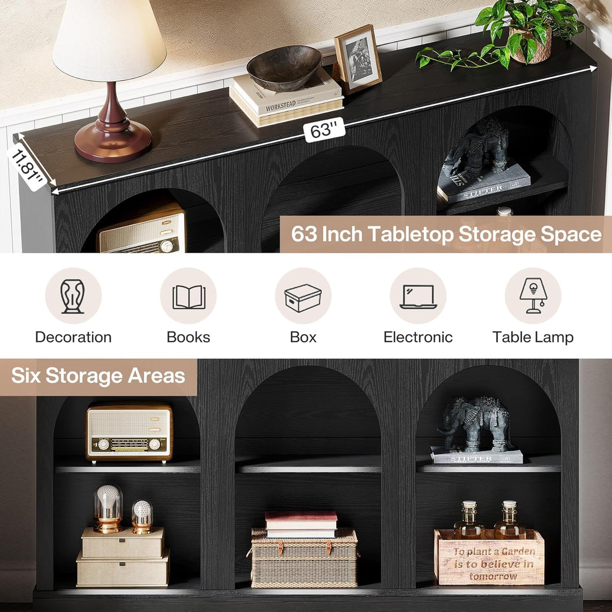 Tribesigns Black Console Table with Storage, 63" Long Arched Entryway Table
