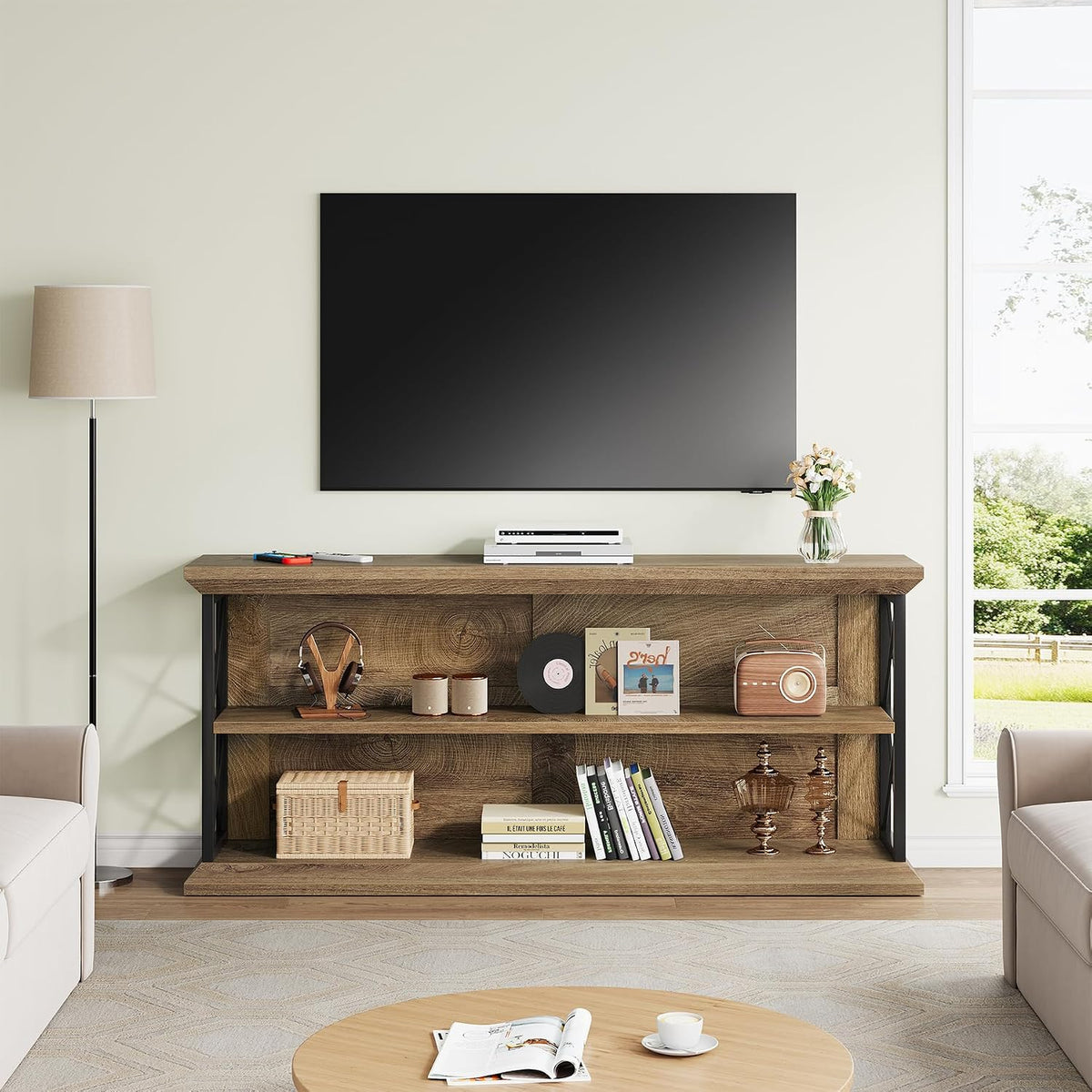 63" Entryway Console Table with 3-Tier Storage Shelf, Behind Couch