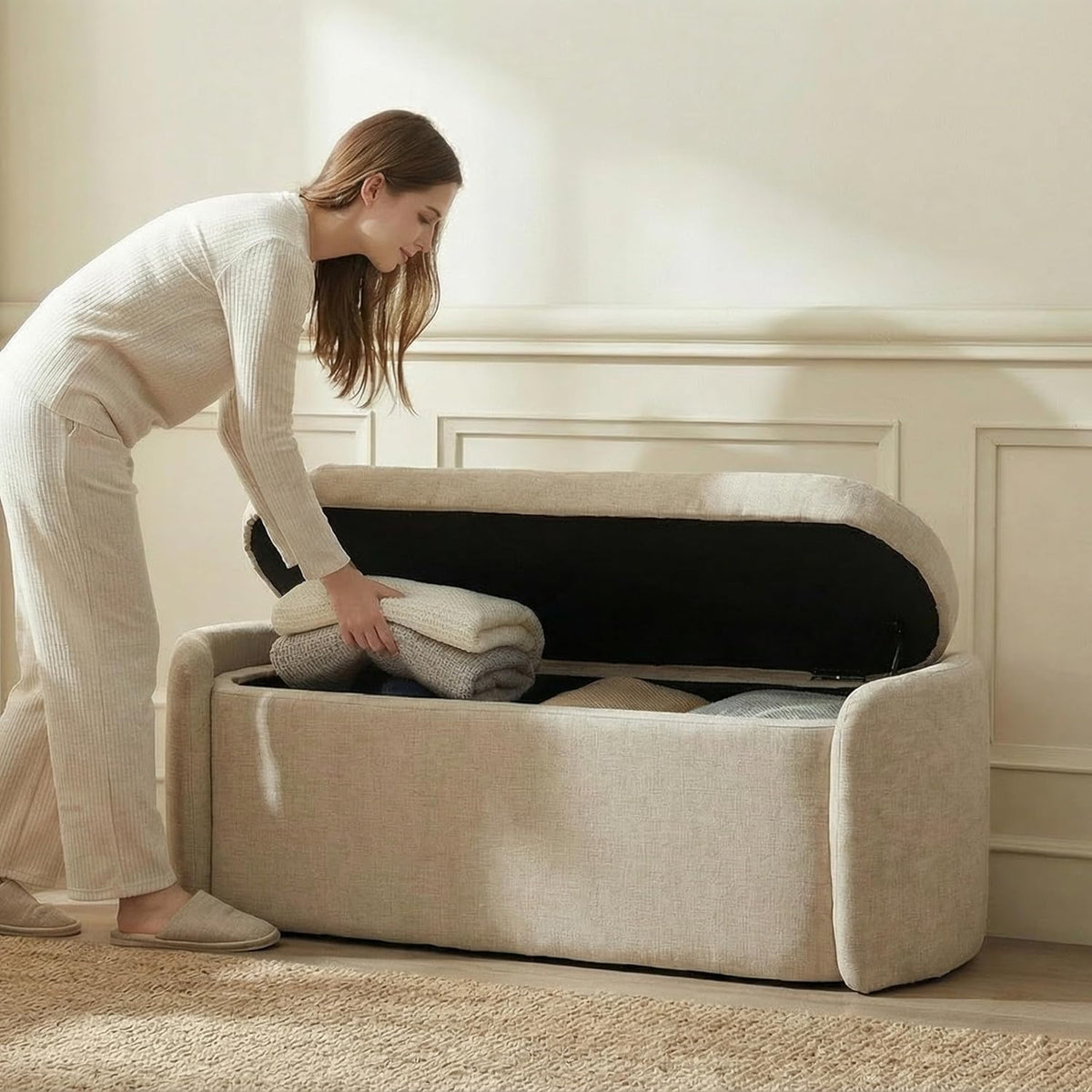 VKNOW Storage Bench, Upholstered Storage Ottoman Bench with Hinge, Khaki