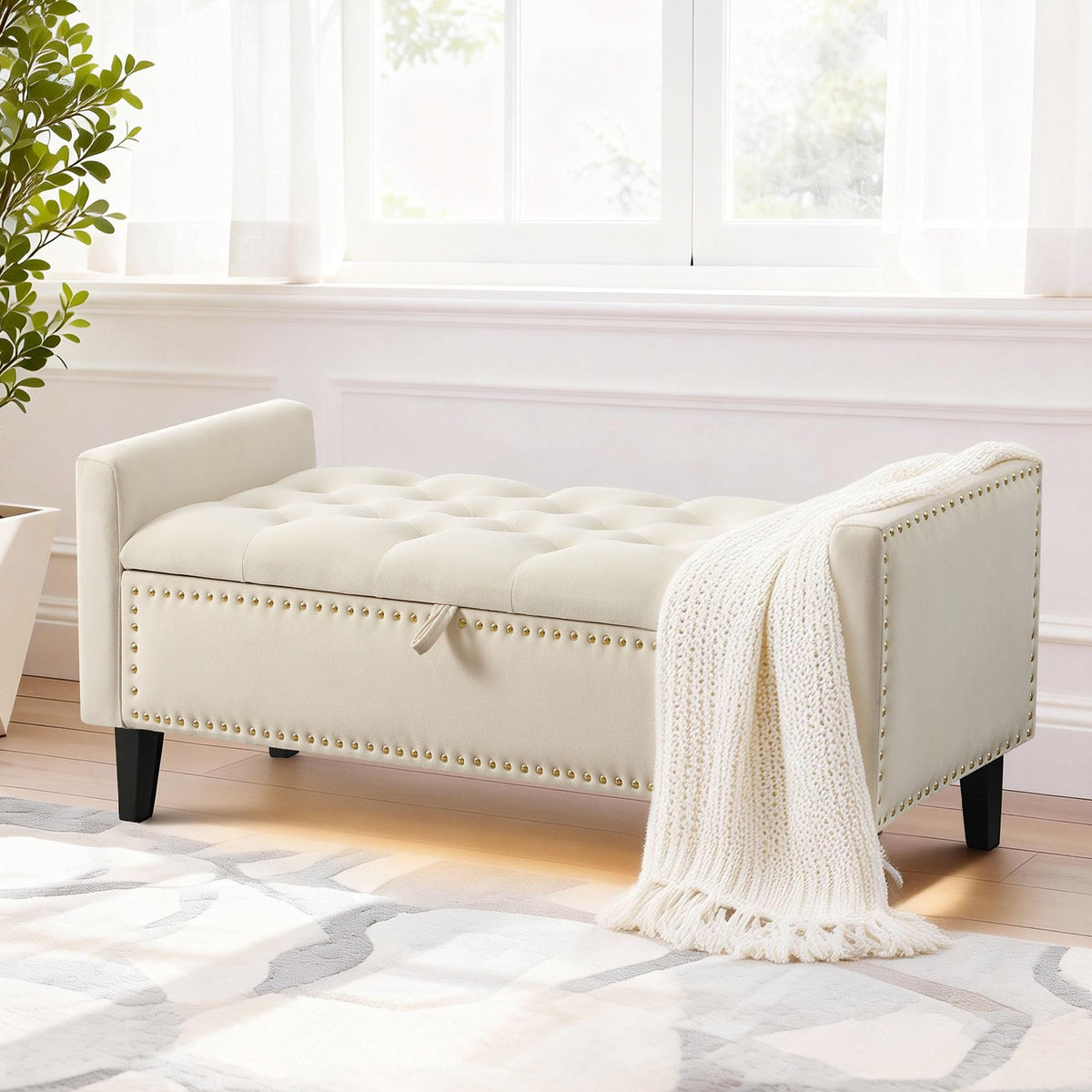 47in Velvet Storage Ottoman Bench with Arms, Upholstered Storage Bench with Wooden Legs, Storage Bench for Bedroom, Living Room, Entryway, Blue Grey