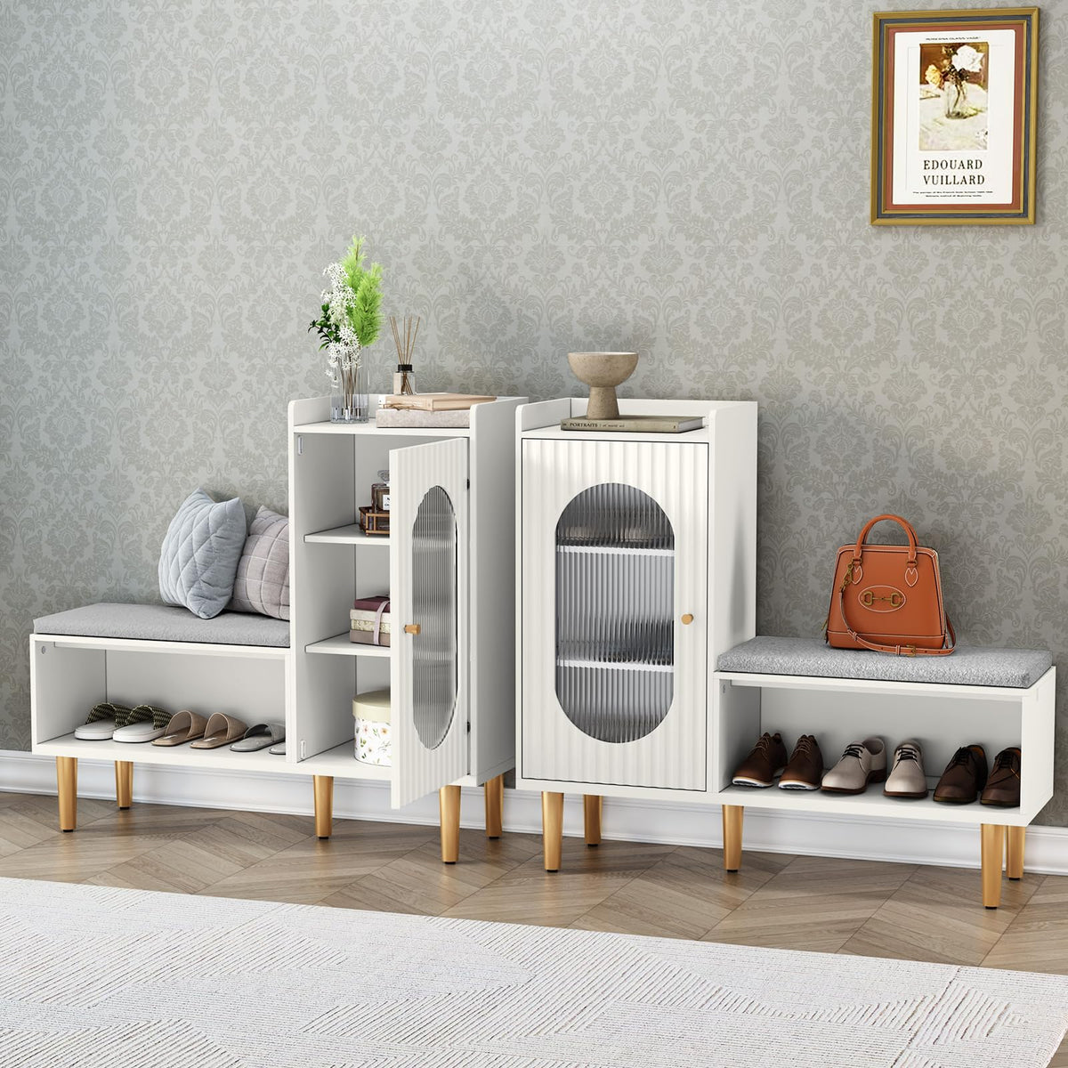 HLR Shoe Storage Bench with Glass Door&Shelf, L-Shaped Shoe Cabinet, Green