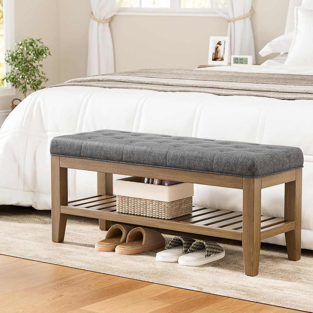 YaFiti End of Bed Storage Bench, 42.9" Entryway Shoe Bench with Solid Wood Shelf, Upholstered Ottoman with Padded Seat for Bedroom, Hallway and Lining Room, Dark Gray