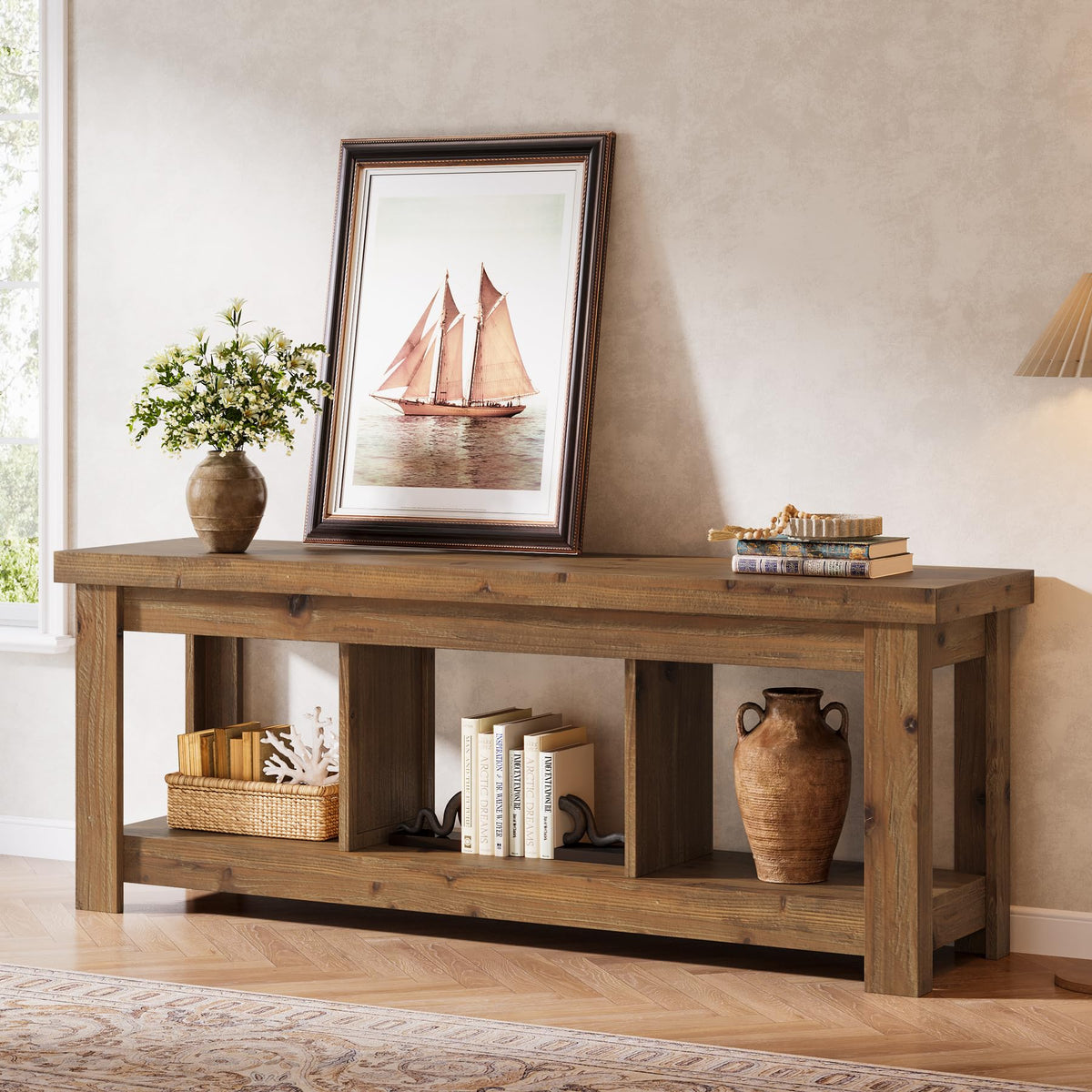 Tribesigns 63-inch Solid Wood Console Table with 3 Storage Cubes