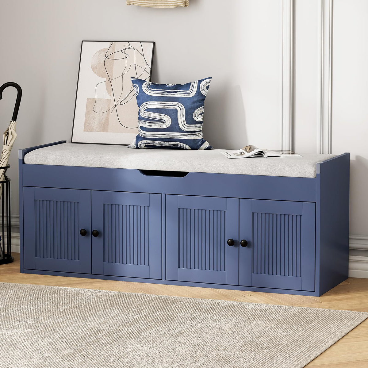 47.2" Storage Bench - Entryway Shoe Bench with Side Storage Shelves and 4 Doors, Multifunctional Entryway Bench with Lift Top Cushion, Shoe Storage Bench for Bedroom, Living Room, White