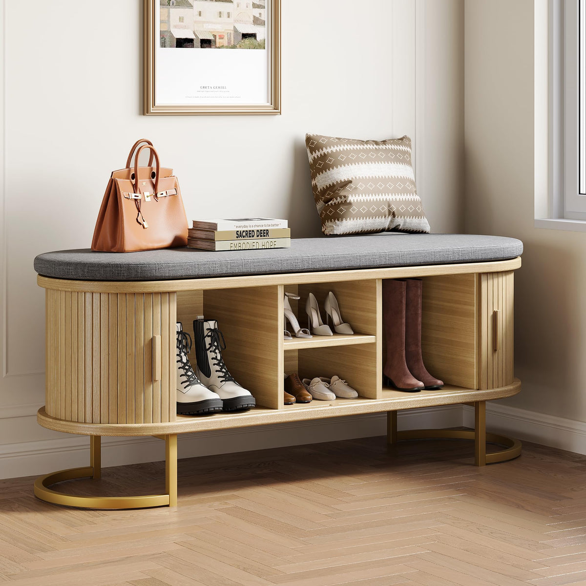 Decofy Shoe Storage Bench with Cushion and Sliding Doors, 47.2 Inch Shoe Bench with Storage, Freestanding Entryway Bench with Shoe Storage, with Solid Wood Legs, for Hallway & Entrance Hall, Walnut