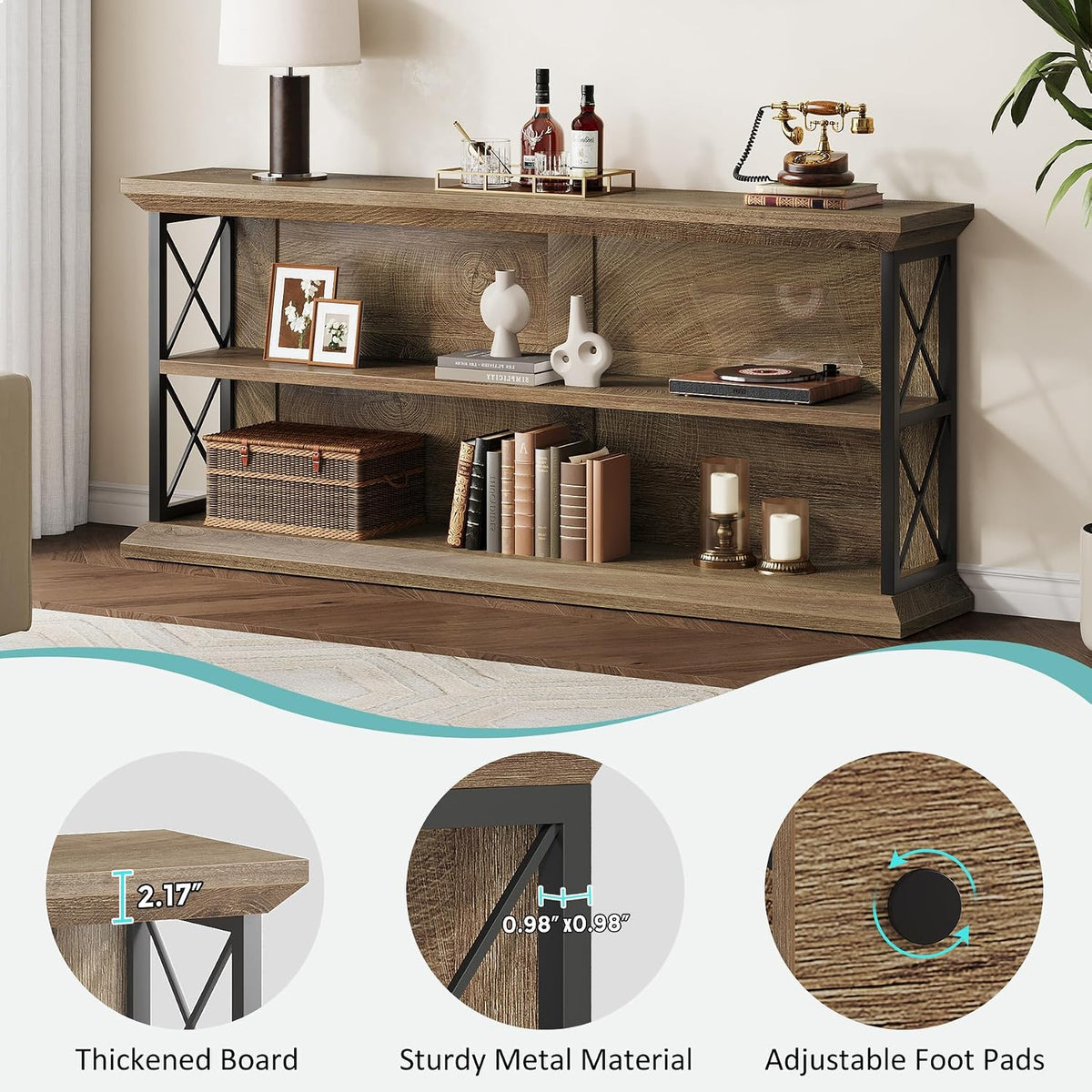 63" Entryway Console Table with 3-Tier Storage Shelf, Behind Couch