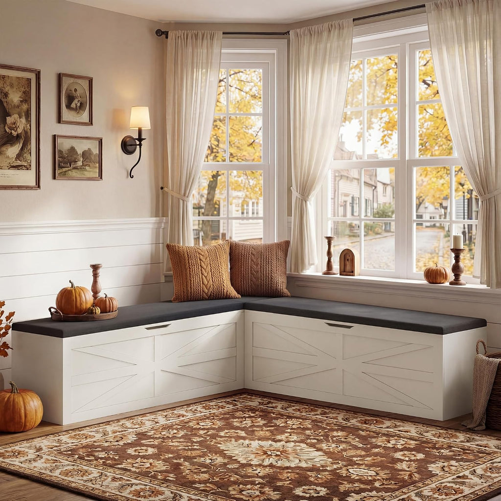 Apicizon L Shaped Storage Bench with Storage, 63" Breakfast Nook Dining Bench with Cushion, Kitchen Dining Corner Bench for Dining Room Entryway Living Room, Beige White