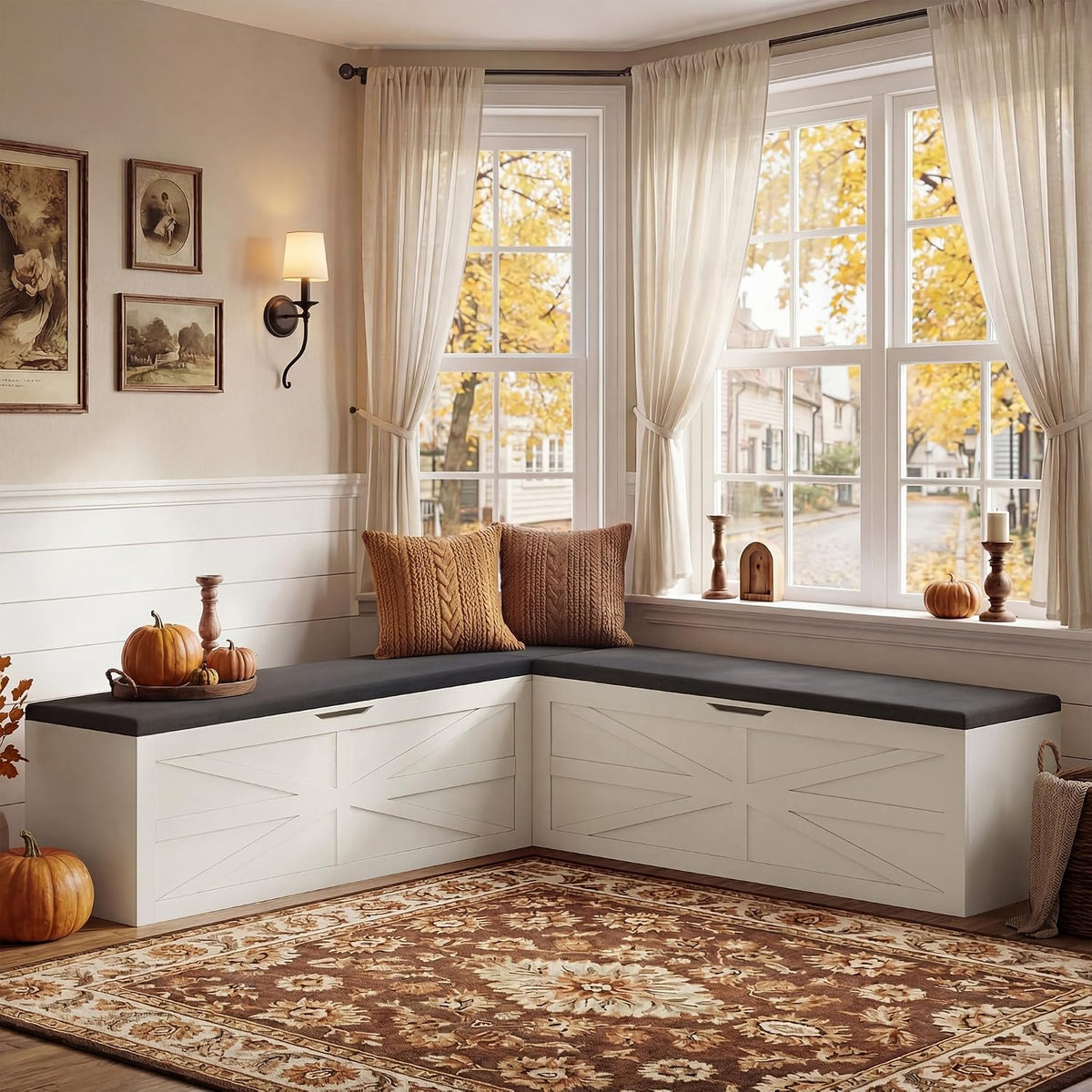 Apicizon L Shaped Storage Bench with Storage, 63" Breakfast Nook Dining Bench with Cushion, Kitchen Dining Corner Bench for Dining Room Entryway Living Room, Beige White