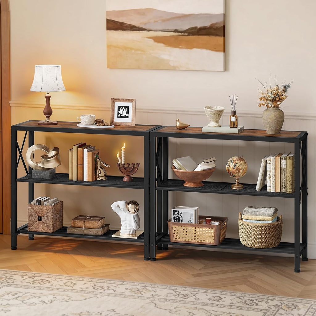 Hoctieon Set of 2 Industrial Console Table, 3 Tier Entryway Table, Metal Frame, Sofa Table with Shelf, Hallway Table, Entrance Table for Entryway, Living Room, Foyer, Hallway, Rustic Brown&Black