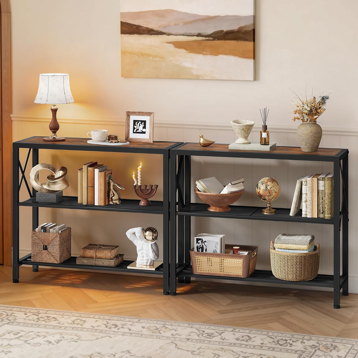 Hoctieon Set of 2 Industrial Console Table, 3 Tier Entryway Table, Metal Frame, Sofa Table with Shelf, Hallway Table, Entrance Table for Entryway, Living Room, Foyer, Hallway, Rustic Brown&Black