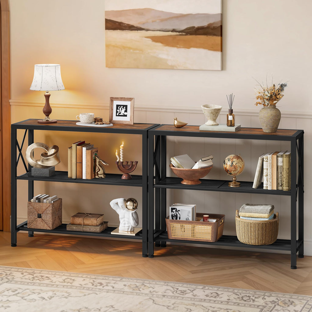 Hoctieon Set of 2 Industrial Console Table, 3 Tier Entryway Table, Metal Frame, Sofa Table with Shelf, Hallway Table, Entrance Table for Entryway, Living Room, Foyer, Hallway, Rustic Brown&Black