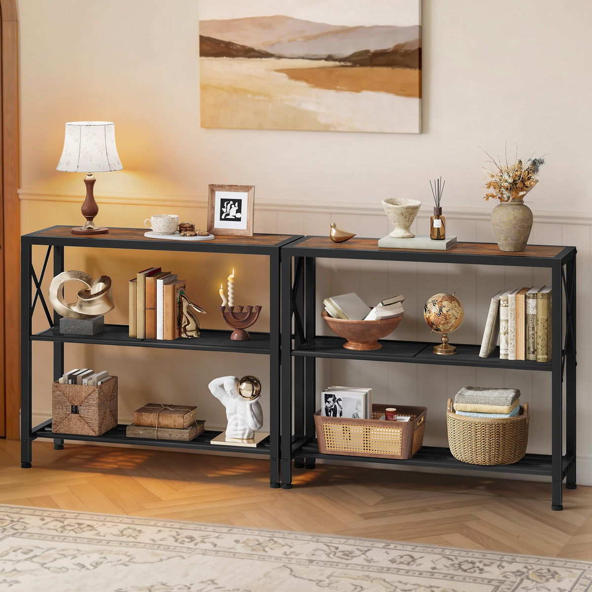 Hoctieon Set of 2 Industrial Console Table, 3 Tier Entryway Table, Metal Frame, Sofa Table with Shelf, Hallway Table, Entrance Table for Entryway, Living Room, Foyer, Hallway, Rustic Brown&Black