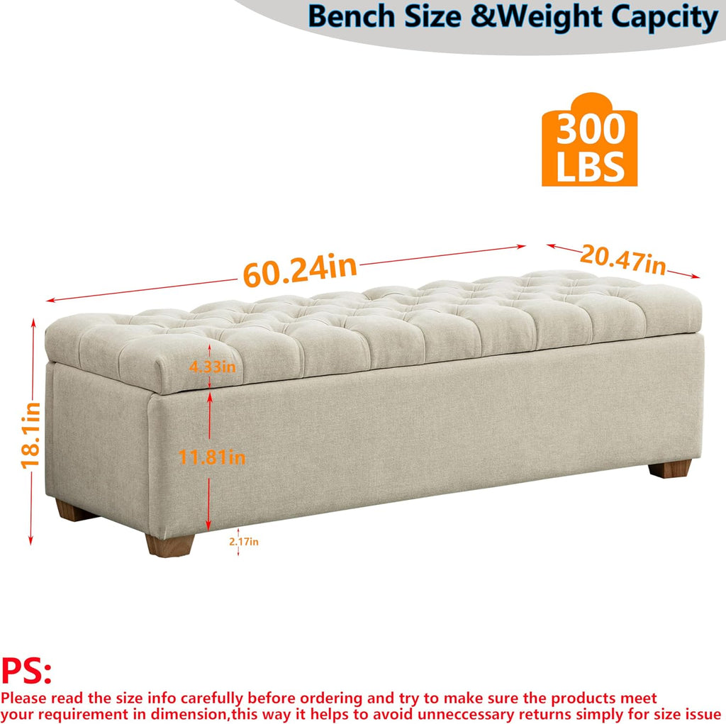 60.24" Bedside Ottoman Bench with Storage,Button Tufted Storage Benches for Bed End,Chenille Bench with Seating and Storage for Entryway,Bedroom,Living Room,Window (Beige, 60.24)